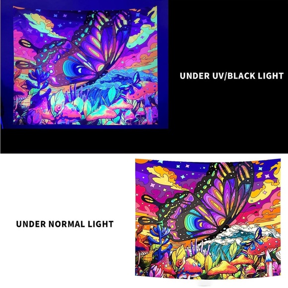 Vibrant Psychedelic Butterfly Tapestry – UV/Black Light Reactive, 60"x50" - Picture 4 of 7